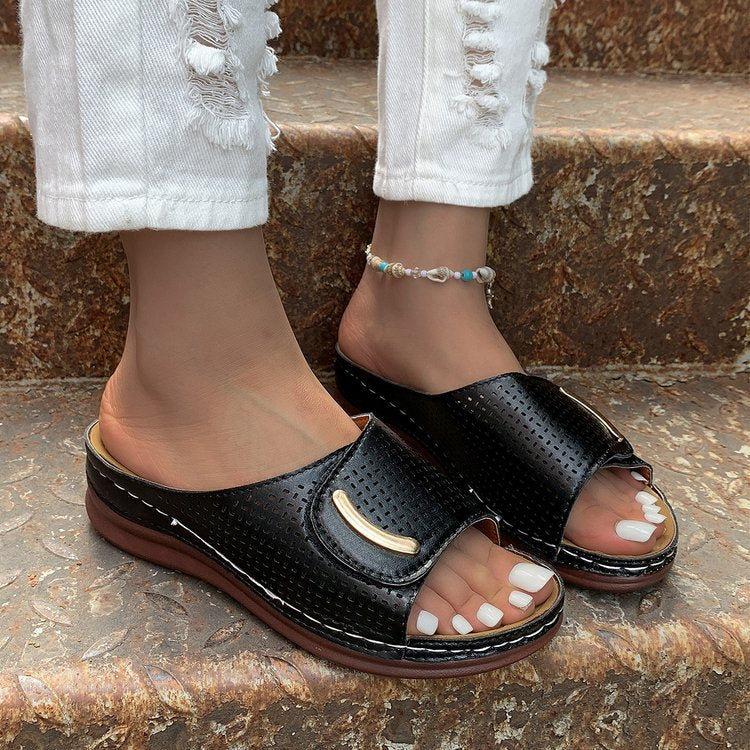 Platform Slippers Summer Hollow Velcro Design Sandals Women Shoes