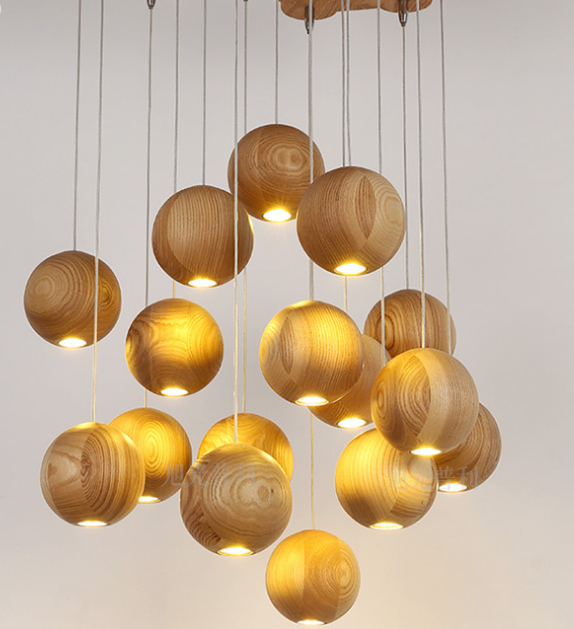 Nordic wood solid wood ball chandelier creative personality living room dining room hanging lamps