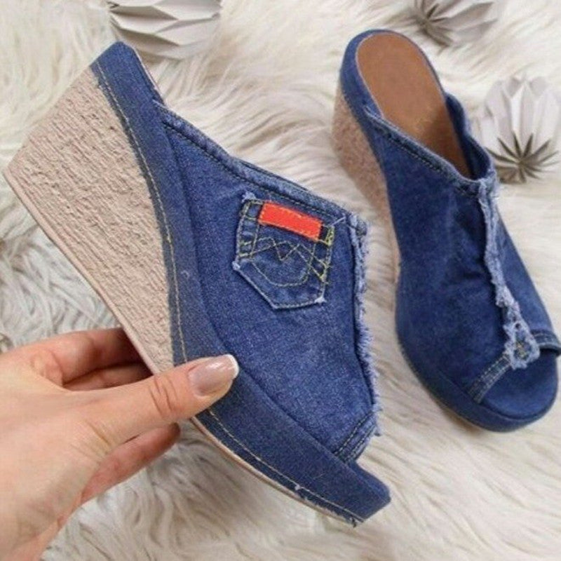 Summer Women Slippers Denim Fish Mouth Shoes Platform High-Heeled Wedge Sandals