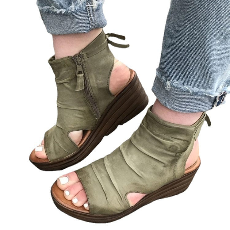 Sandals Women Wedge Heel Side Zipper Ruffled Surface