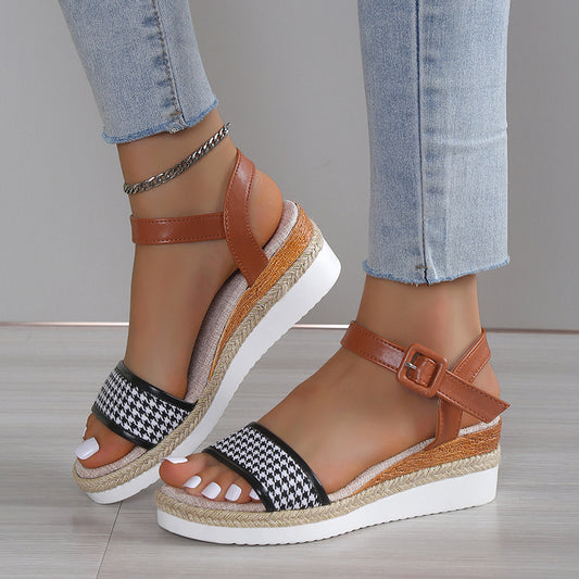 Houndstooth Print Sandals Women Summer Buckle Dress Shoes