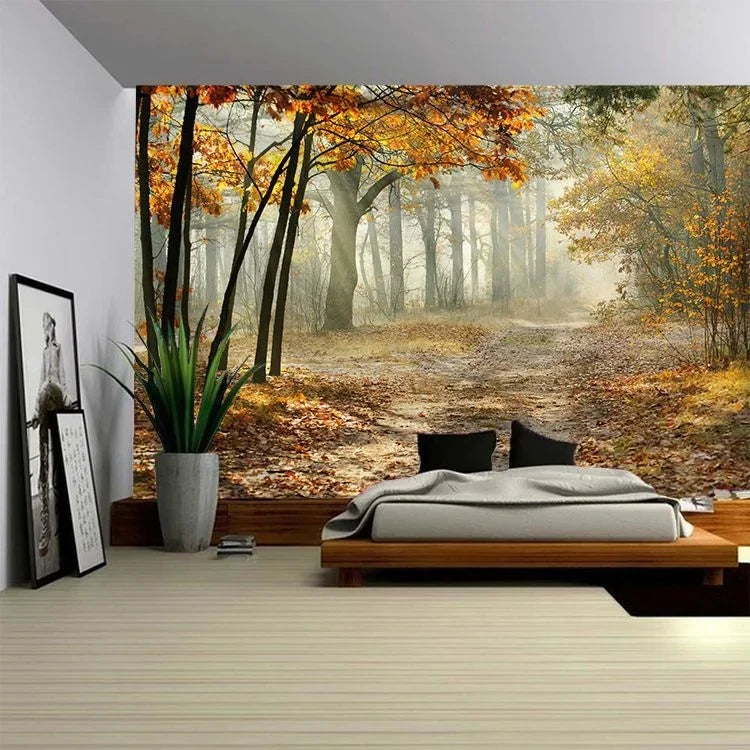 3D Forest Tree Tapestry Wall Hanging Nature Scene Tapestries Sunlight Evergreen Plant Leaves Outdoor Landscape Home Room Decor