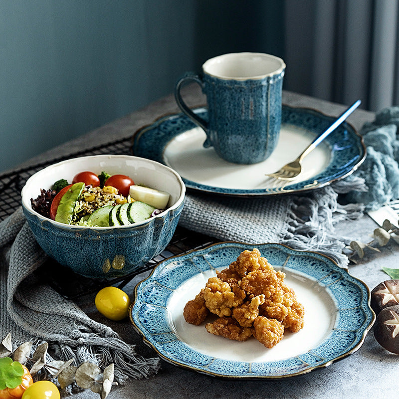 American Vintage Bone White China Blue Embossed Luxury Dinnerware Set