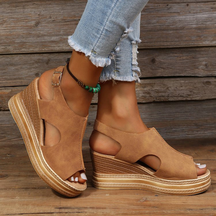 Peep Toe Sandals Women Wedge Heel Platform Buckle Shoes Summer