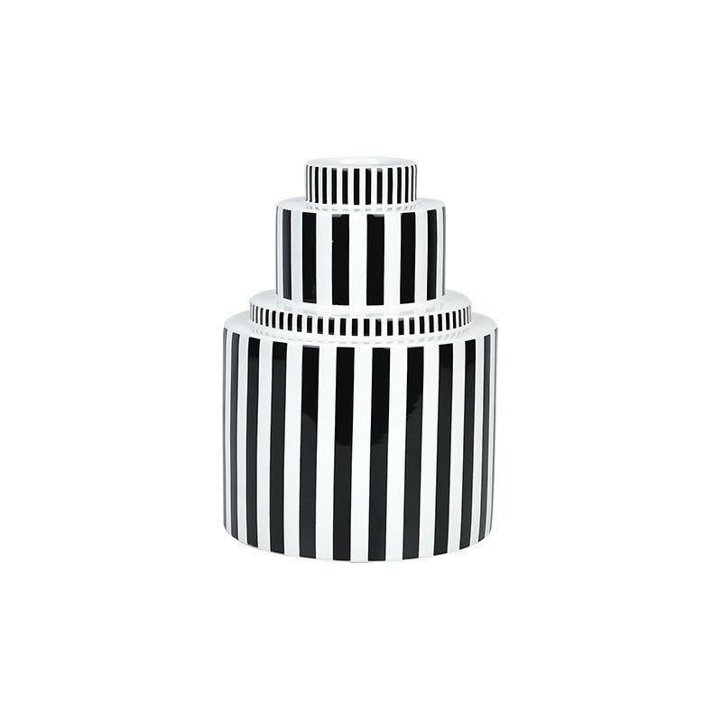 Black and white striped ceramic vase