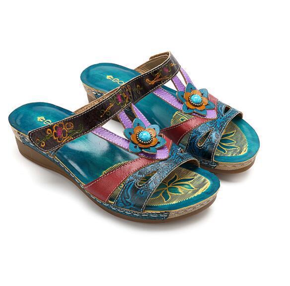 Women Sandals Heeled Slippers Ethnic Flower Sandals Female Summer Shoes