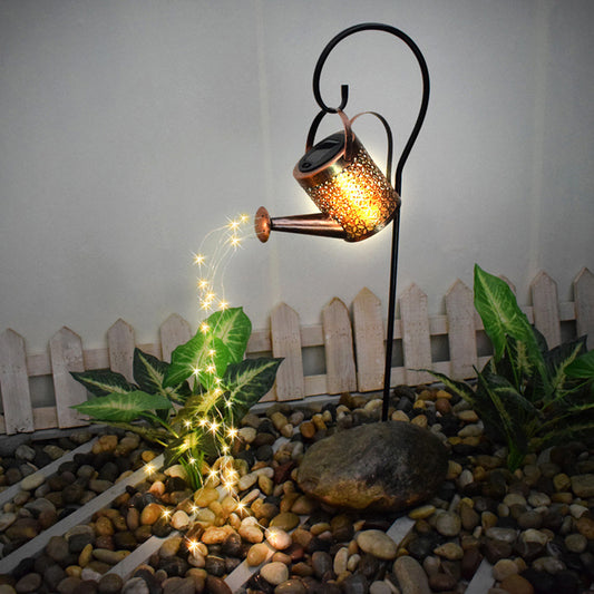 Enchanted Watering Can Outdoor Solar Ornament Lamp Garden Art Decoration Hollow-out Iron Shower LED Lights