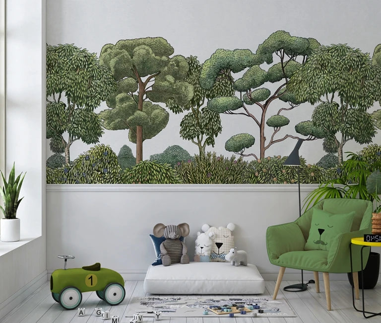 Green Forest Natural panoramic wallpaper, Vegetal landscape Wall paper with Handdrawn Forest, Bushes in Nature Green for Kids