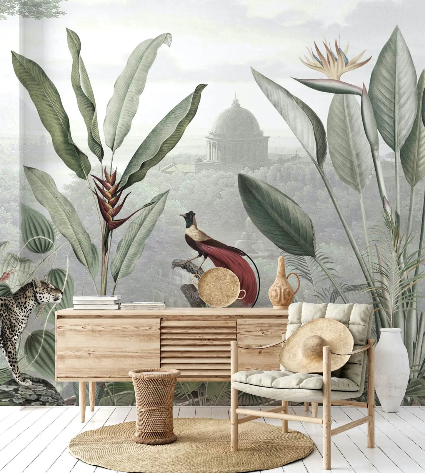 Botanical Beauty - Panoramic TROPICAL TEMPLE Wallpaper, Nature Woodlands Wall Mural with Tropical Trees and Jungle Animals