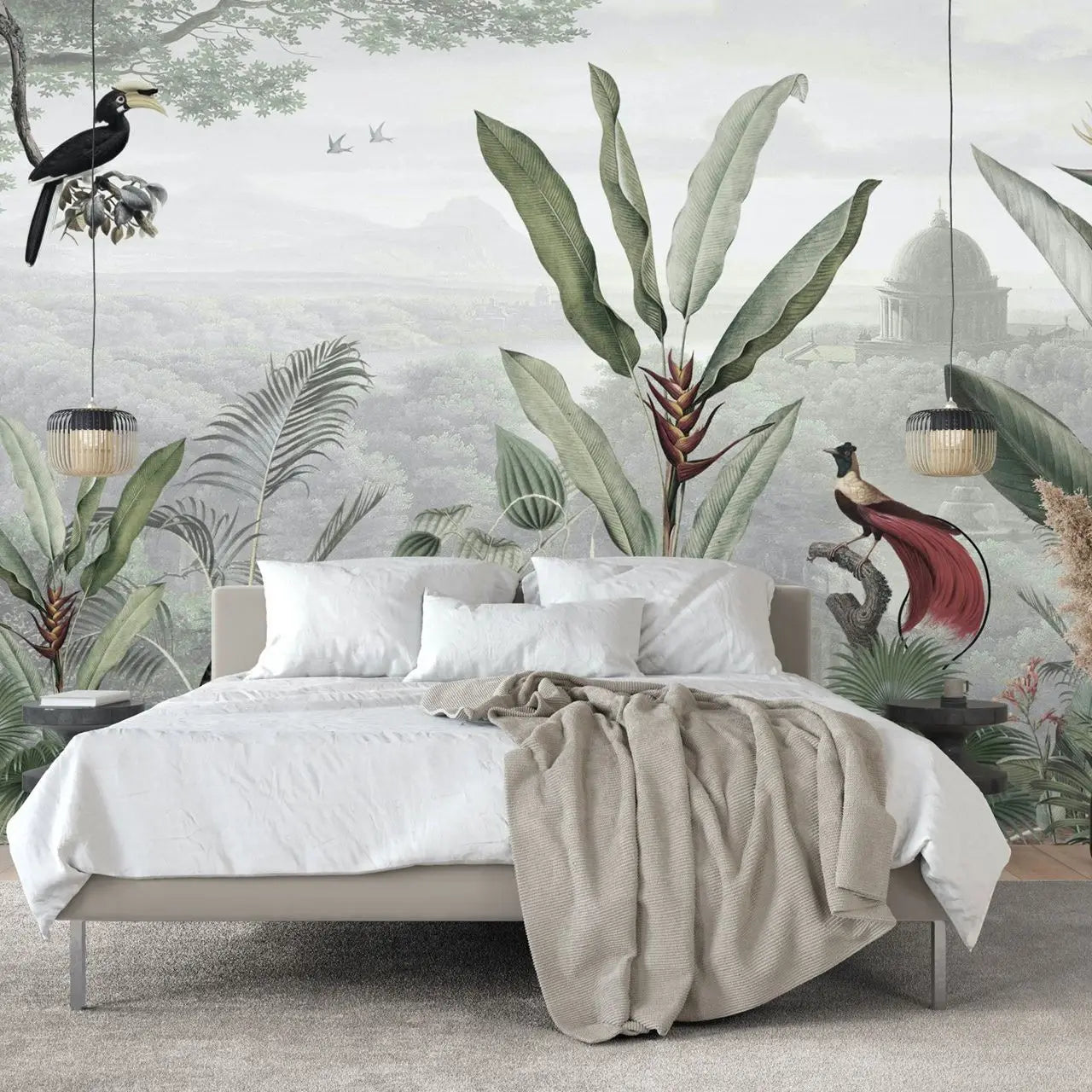 Botanical Beauty - Panoramic TROPICAL TEMPLE Wallpaper, Nature Woodlands Wall Mural with Tropical Trees and Jungle Animals