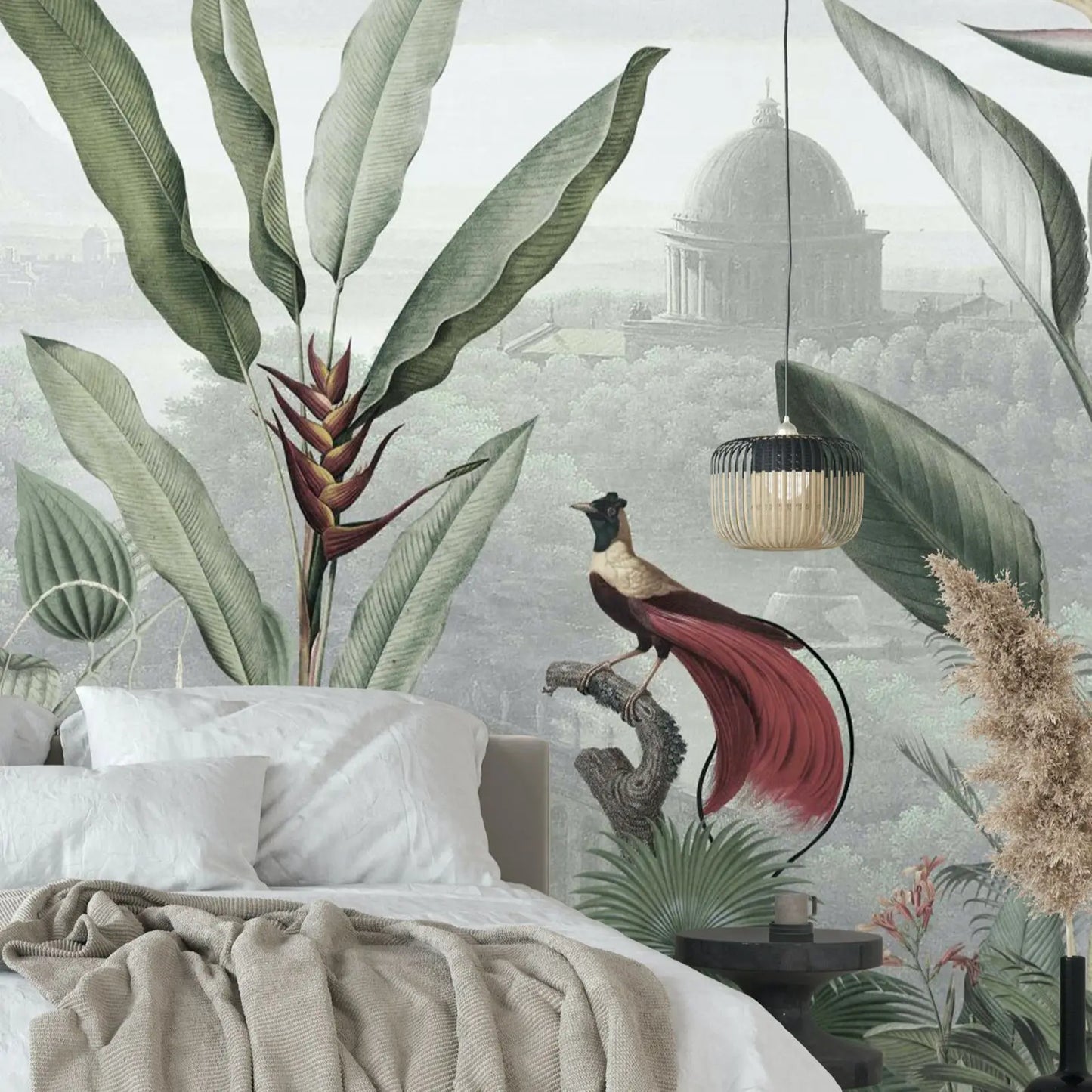 Botanical Beauty - Panoramic TROPICAL TEMPLE Wallpaper, Nature Woodlands Wall Mural with Tropical Trees and Jungle Animals