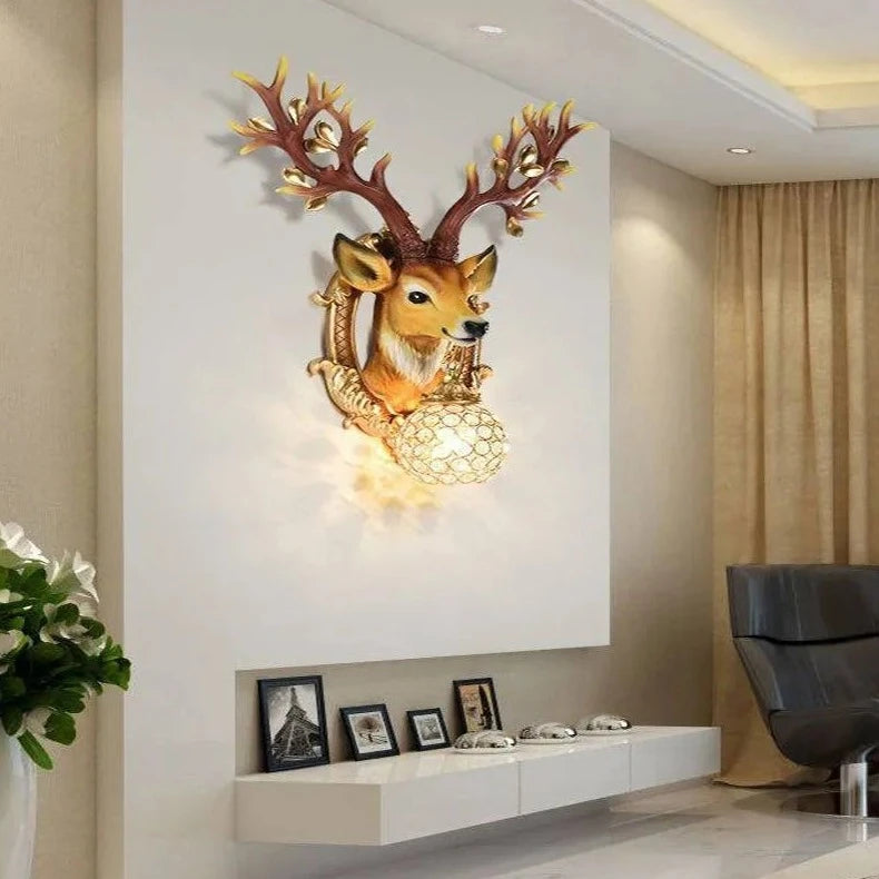 28 Inch Sculptured Good Fortune Deer Crystal Wall Lamp