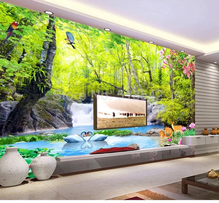 Custom 3D Wallpaper Forest Waterfall Nature Landscape Photo Wall Painting Living Room TV Background Decoration Mural De Parede