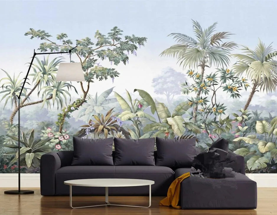 beibehang European retro nostalgic palace hand painted coconut tree rain forest oil painting custom 3d wallpaper mural