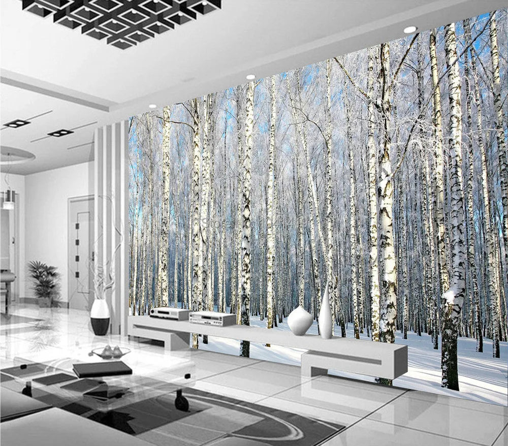 Custom 3D Wall Paper Natural Scenery Murals Winter Birch Forest Landscape Wallpaper Large Mural For Living Room Sofa TV Backdrop