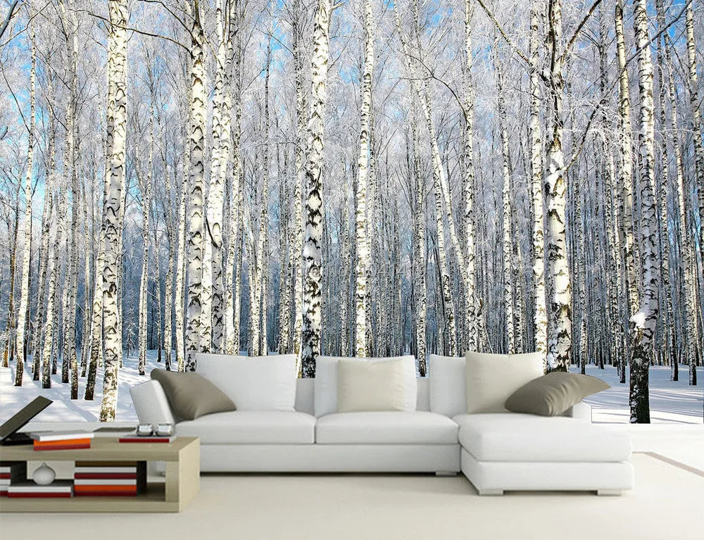 Custom 3D Wall Paper Natural Scenery Murals Winter Birch Forest Landscape Wallpaper Large Mural For Living Room Sofa TV Backdrop