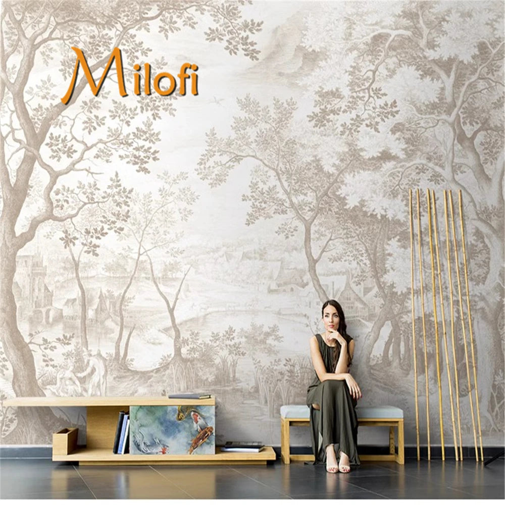 Milofi French style hand-painted forest plant scenery retro wallpaper living room bedroom background wallpaper custom mural