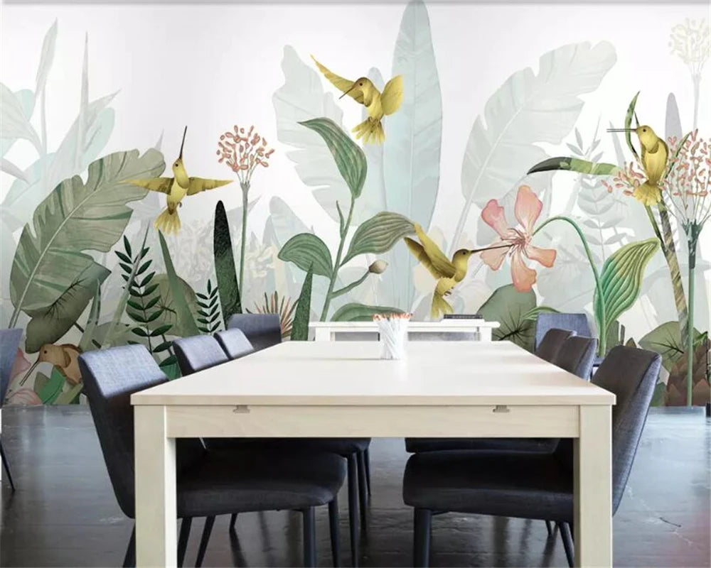 Modern home background wall 3d wallpaper modern fashion fresh plant flower bird forest photo 3d wallpaper mural