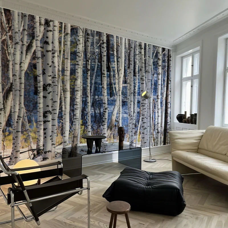 Blue Birch Forest 3D Large Mural Peel And Stick Home Decor TV Background Wall Elegant Nature Trees Canvas Customized Murals