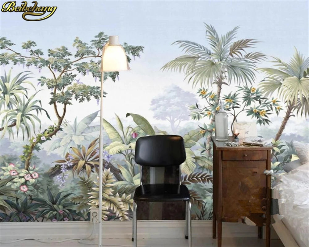 beibehang European retro nostalgic palace hand painted coconut tree rain forest oil painting custom 3d wallpaper mural