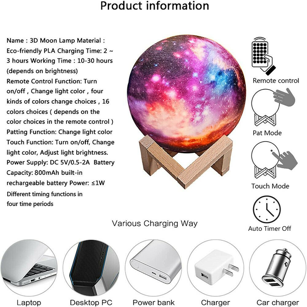 3D Printing Galaxy Lamp Moonlight USB LED Night Lunar Light Touch Color Changing Moon Lamp | Decor Gifts and More