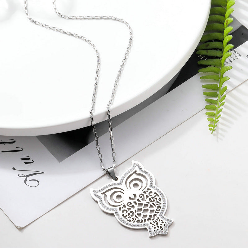 Women's Stainless Steel Set Zircon Owl Pendant Necklace | Decor Gifts and More