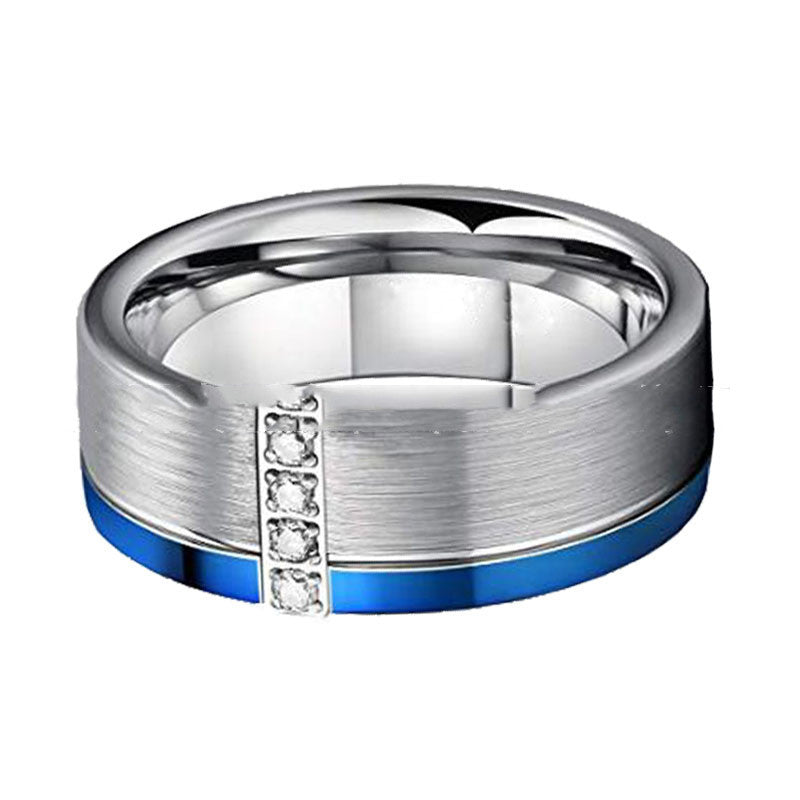 Tungsten Steel Ring Slotted Blue Zircon Men's Single Tungsten Gold Ring | Decor Gifts and More