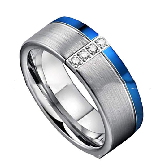 Tungsten Steel Ring Slotted Blue Zircon Men's Single Tungsten Gold Ring | Decor Gifts and More