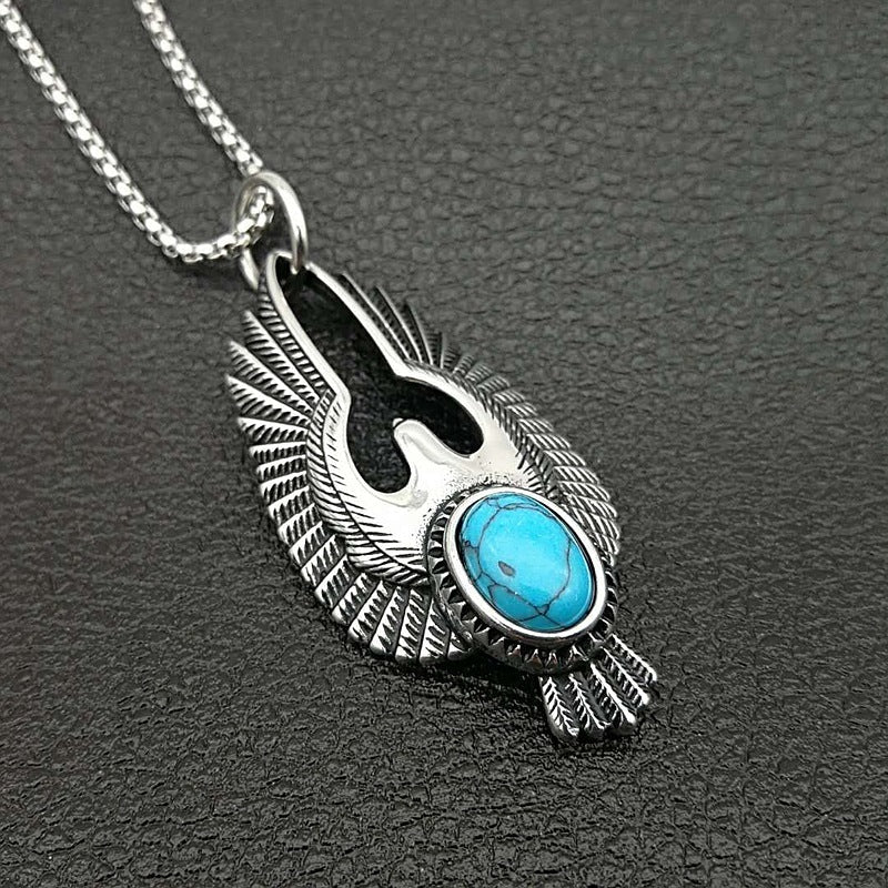 Retro 316L Stainless Steel Polished Eagle Turquoise Pendant | Decor Gifts and More