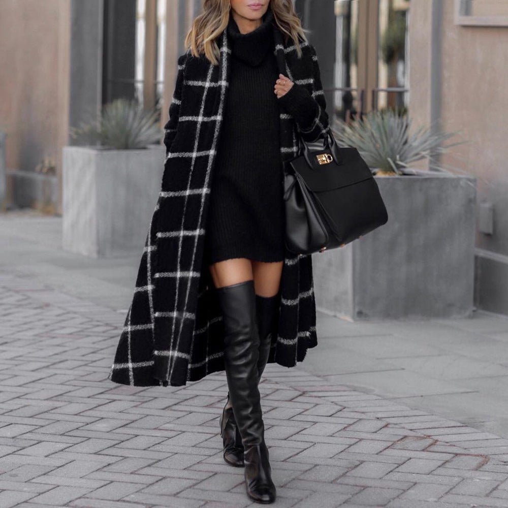 Cross-Border Women's Long Coat Plaid Brushed Woolen Coat Belt | Decor Gifts and More