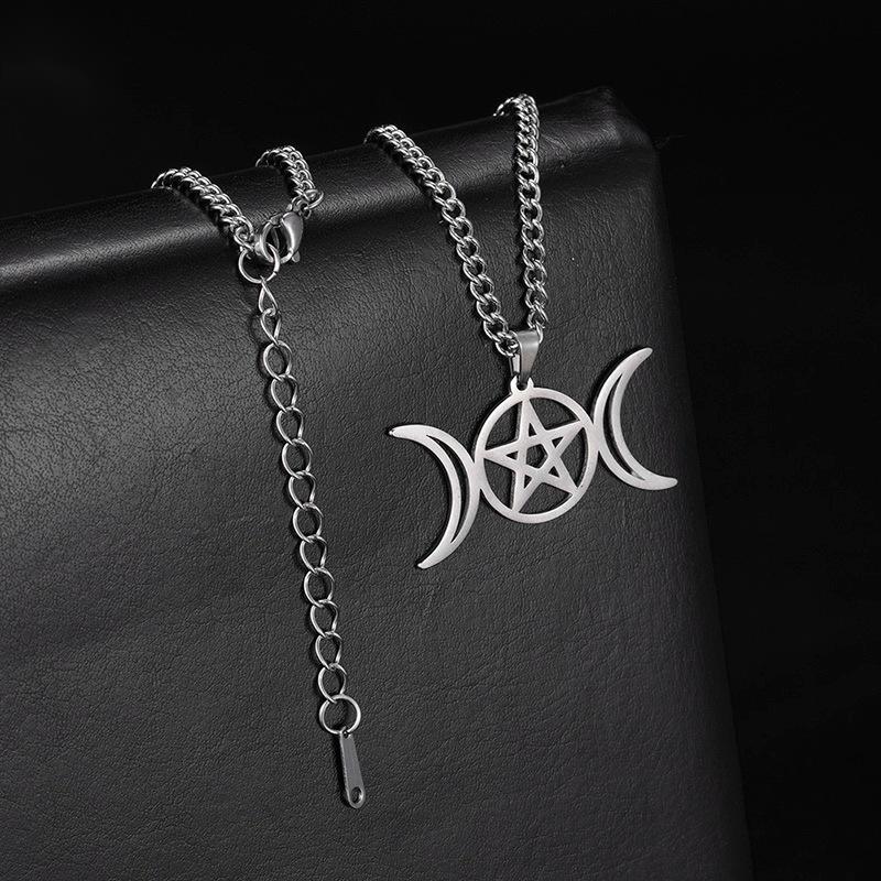 Retro Symmetrical Moon Hollow Pentagram Pentagram Stainless Steel Pendant Necklace | Decor Gifts and More