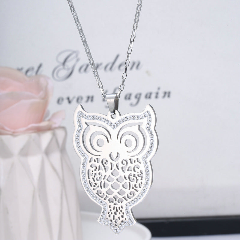 Women's Stainless Steel Set Zircon Owl Pendant Necklace | Decor Gifts and More