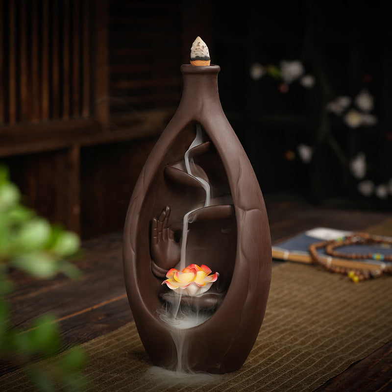 F Ceramic Waterfall Incense Burner Buddha Hand Censer Holder Indoor Smoke Backflow Incense Fountain Buddhist Altar Table Decor | Decor Gifts and More