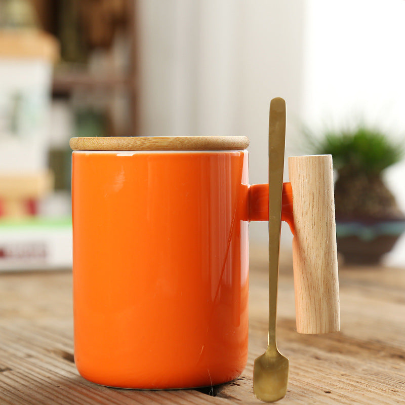 Simple Straight Ceramic Mug With Wooden Handle | Decor Gifts and More