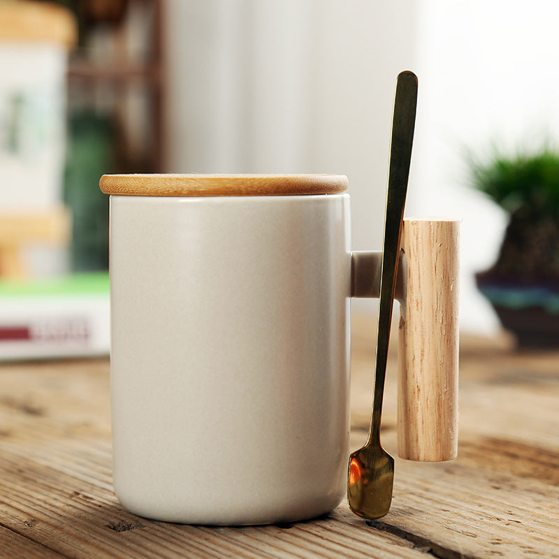 Simple Straight Ceramic Mug With Wooden Handle | Decor Gifts and More