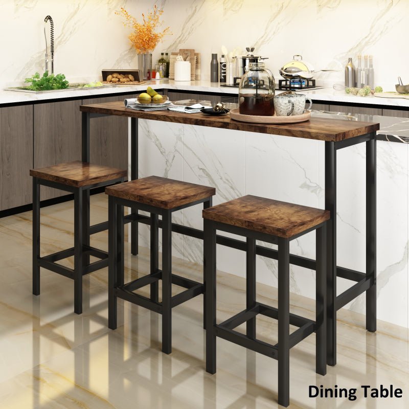 4-Piece Counter Height Extra Long Dining Table Set with 3 Stools and Side Table with Footrest Pub Kitchen Set (Brown) | Decor Gifts and More