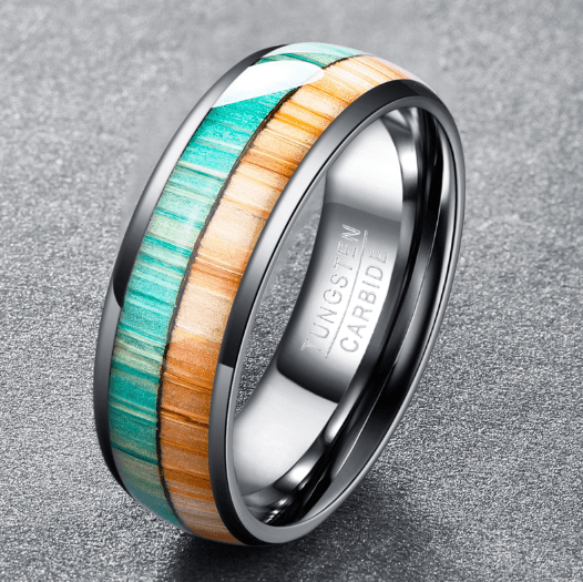 NUNCAD 8MM wide polished wood grain DomeTungsten carbide men inlaid ring double Color orange green trend mens gift ring | Decor Gifts and More