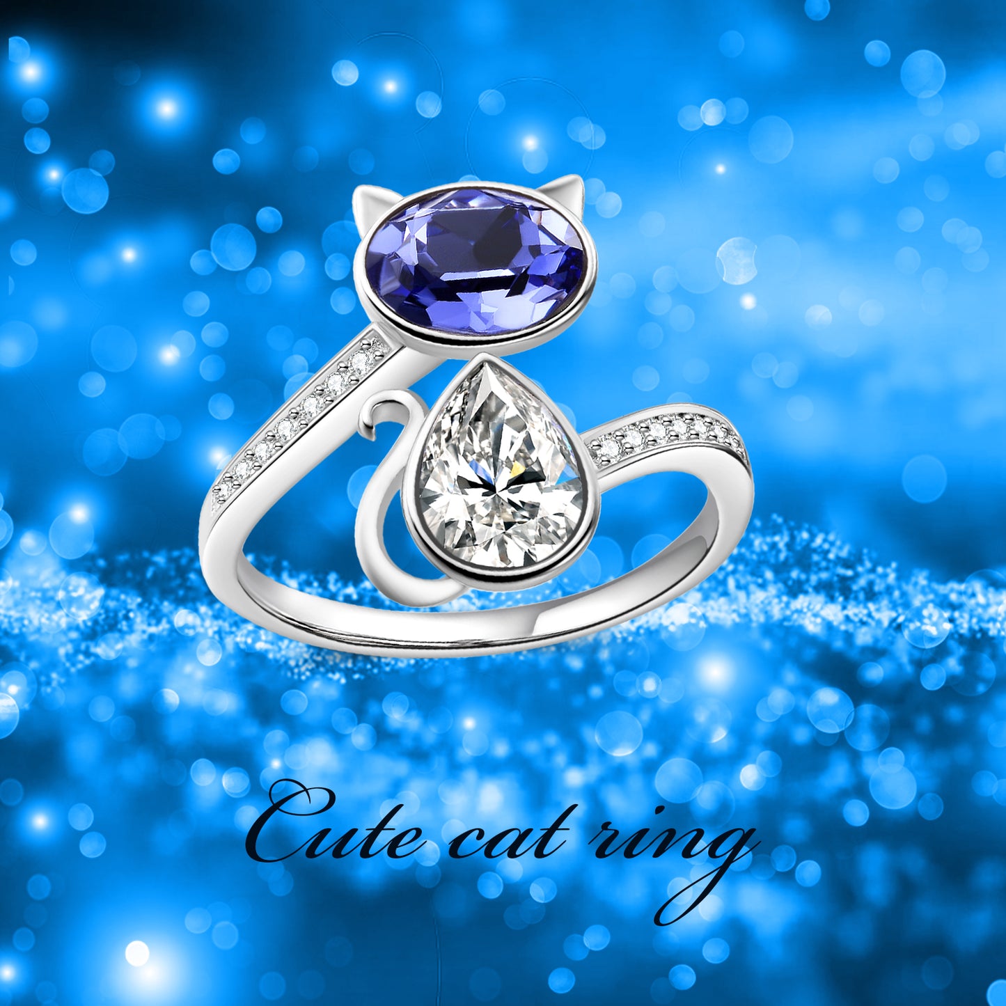 Sterling Silver Cat Ring Blue Purple Crystals from Austria Cute Pet Kitten Kitty Adjustable Open Ring | Decor Gifts and More