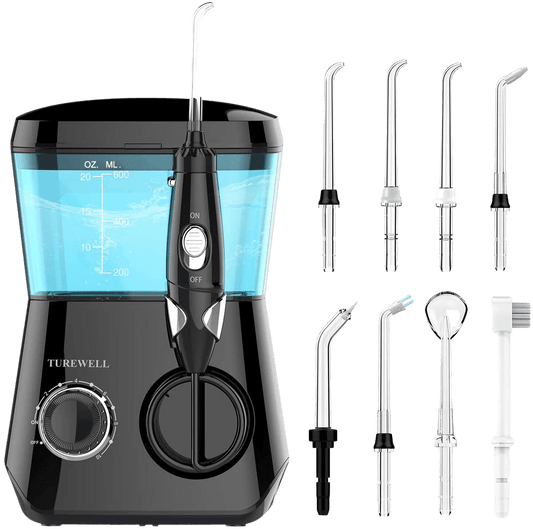 TUREWELL Water Flossing Oral Irrigator, 600ML Dental Water Teeth Cleaner 10 Adjustable Pressure, Electric Dental Pick Flosser for Teeth/Braces, 8 Water Jet Tips for Family (Black) - Home Decor Gifts and More