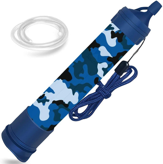 EHS Water Filter Straw Portable Personal Emergency Filtration Purifier for Camping, Hiking, Travel, Survival &amp; Backpacking Gear, Filtering Solutions, Blue Camo, Includes 24 Inch Tubing | Decor Gifts and More