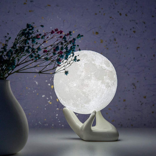 Moon Lamp, 3.5 inch 3D Printing Lunar Lamp Night Light with Black Hand Stand as Kids Women Girls Boy Birthday Gift, USB Charging Touch Control Brightness Two Tone Warm Cool White | Decor Gifts and More