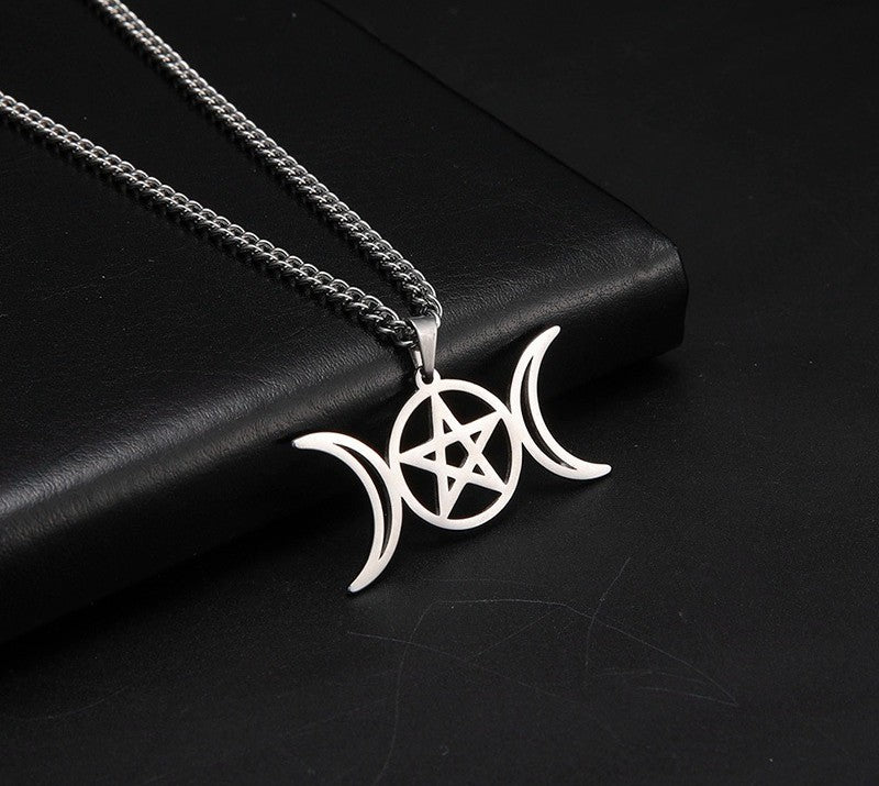 Retro Symmetrical Moon Hollow Pentagram Pentagram Stainless Steel Pendant Necklace | Decor Gifts and More