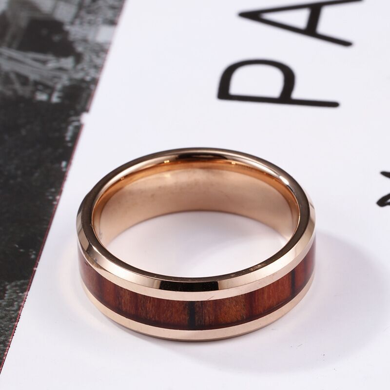 Rose Gold Personality 8mm Wood Leather Tungsten Gold Ring | Decor Gifts and More