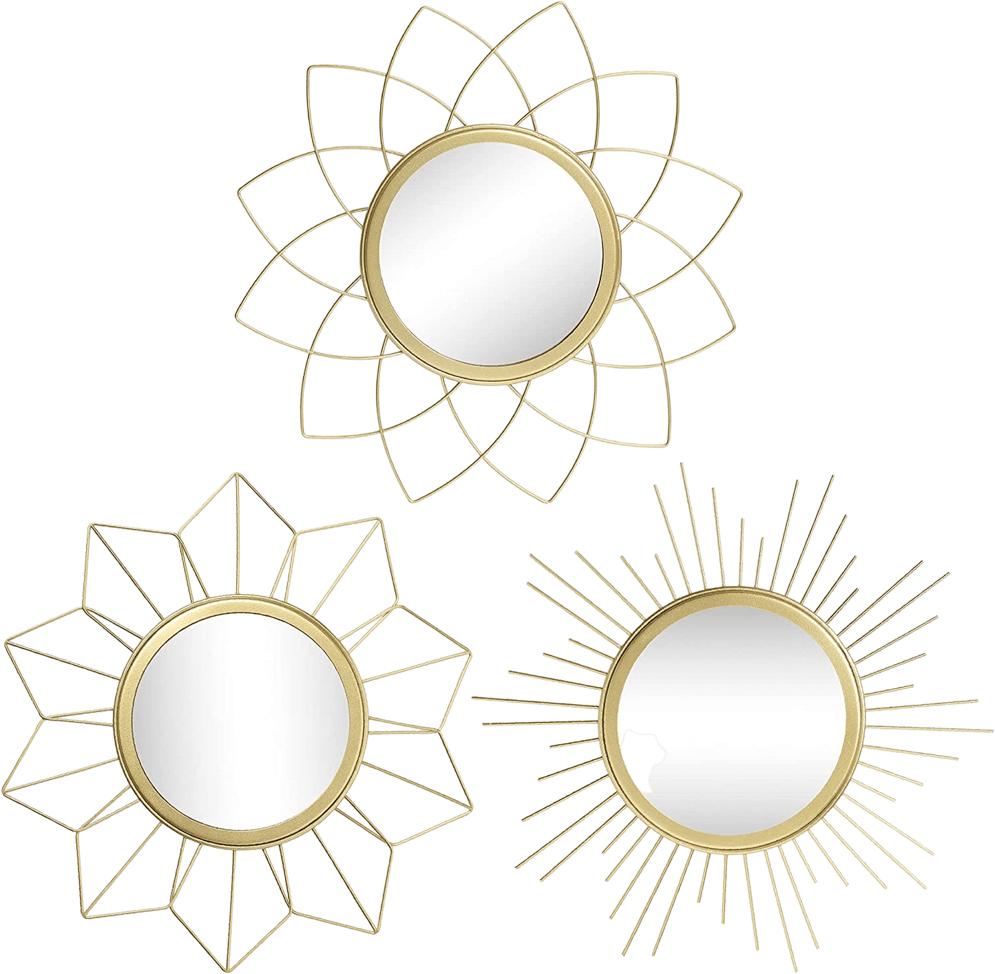 Mirror SetsSet Of 3 Gold Metal Floral Sunburst Wall Decor Accent Mirrors - Home Decor Gifts and More