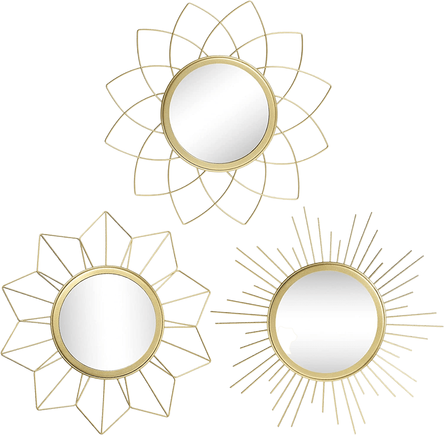 Mirror SetsSet Of 3 Gold Metal Floral Sunburst Wall Decor Accent Mirrors - Home Decor Gifts and More