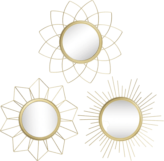 Mirror SetsSet Of 3 Gold Metal Floral Sunburst Wall Decor Accent Mirrors - Home Decor Gifts and More