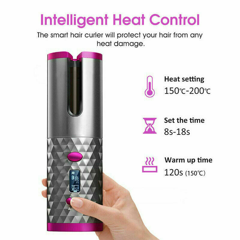 Electric LCD Display Automatic Rotating Cordless Hair Curler Fast Curling Iron Tongs Portable USB Rechargeable With Comb Safe USB Cordless Automatic Rotating Hair Curler Hair Waver Curling Iron | Decor Gifts and More