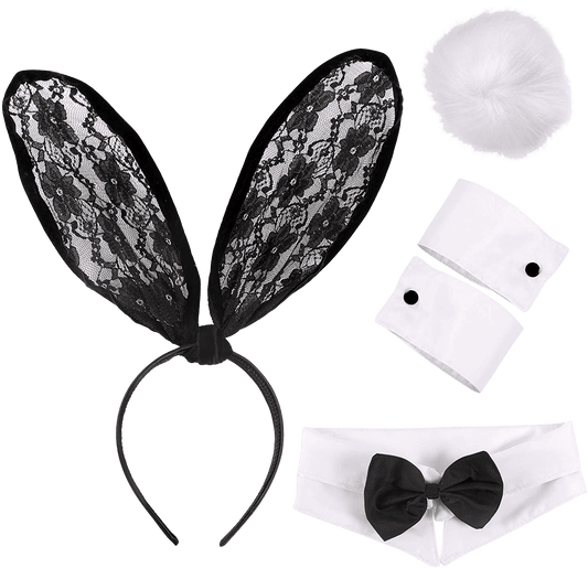 Bunny Costume Accessories Black White Rabbit Ears Collar Cuffs Tail Halloween Sexy Bunny Cosplay Set for Women | Decor Gifts and More