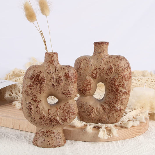 Ceramic Vase Set of 2, Unique Vase Rustic Farmhouse, Vintage Decor Beige - Home Decor Gifts and More