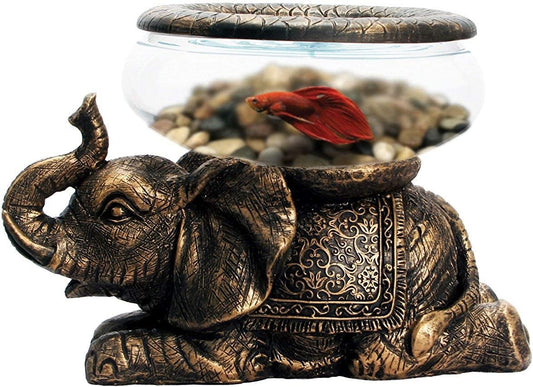 Good Luck Antique Gold Elephant Glass Fish Bowl, Terrarium - Home Decor Gifts and More